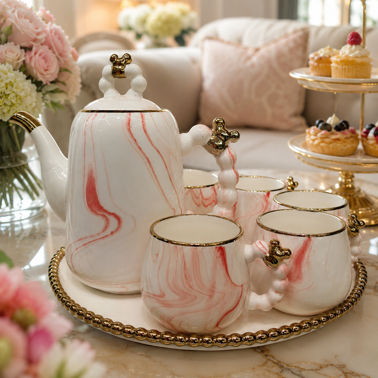 Luxury Pink Marble Ceramic Tea Set with Beaded Gold Trim Tray
