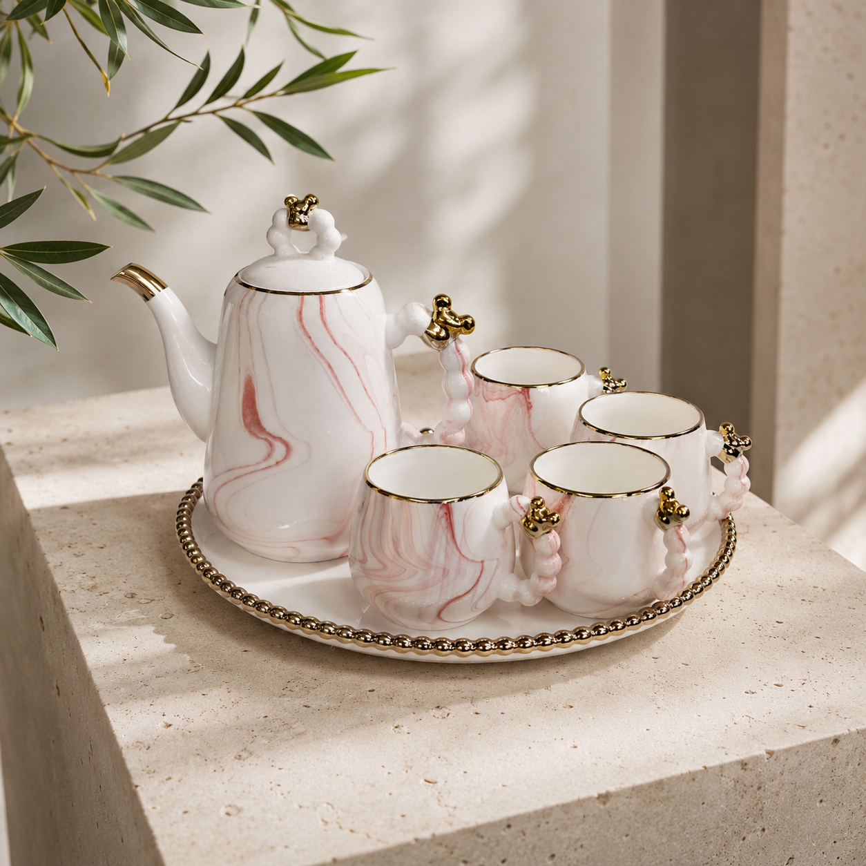 Luxury Pink Marble Ceramic Tea Set with Beaded Gold Trim Tray