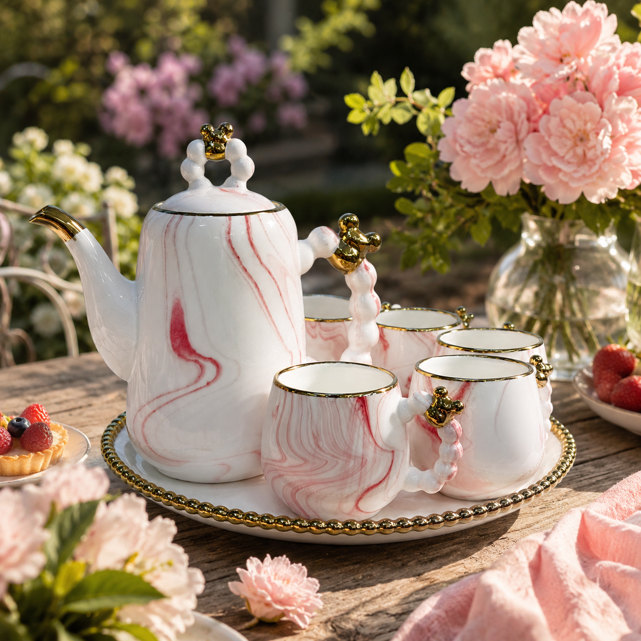 Luxury Pink Marble Ceramic Tea Set with Beaded Gold Trim Tray
