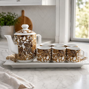 Luxury Royal Paisley Gold & Brown Ceramic Tea Set with Tray