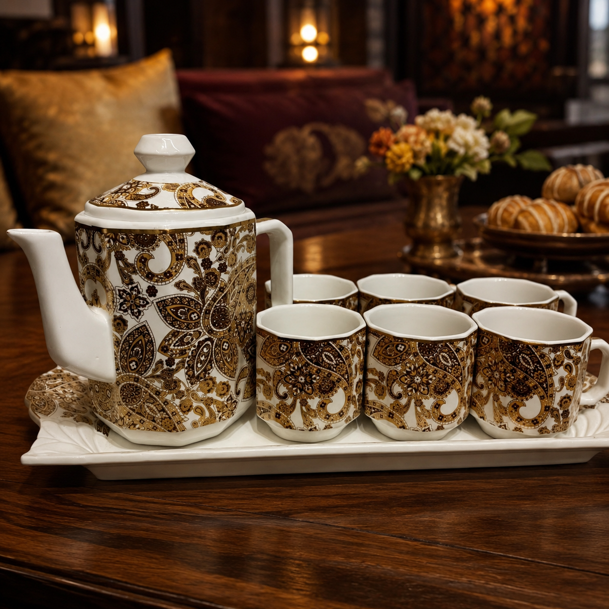Luxury Royal Paisley Gold & Brown Ceramic Tea Set with Tray