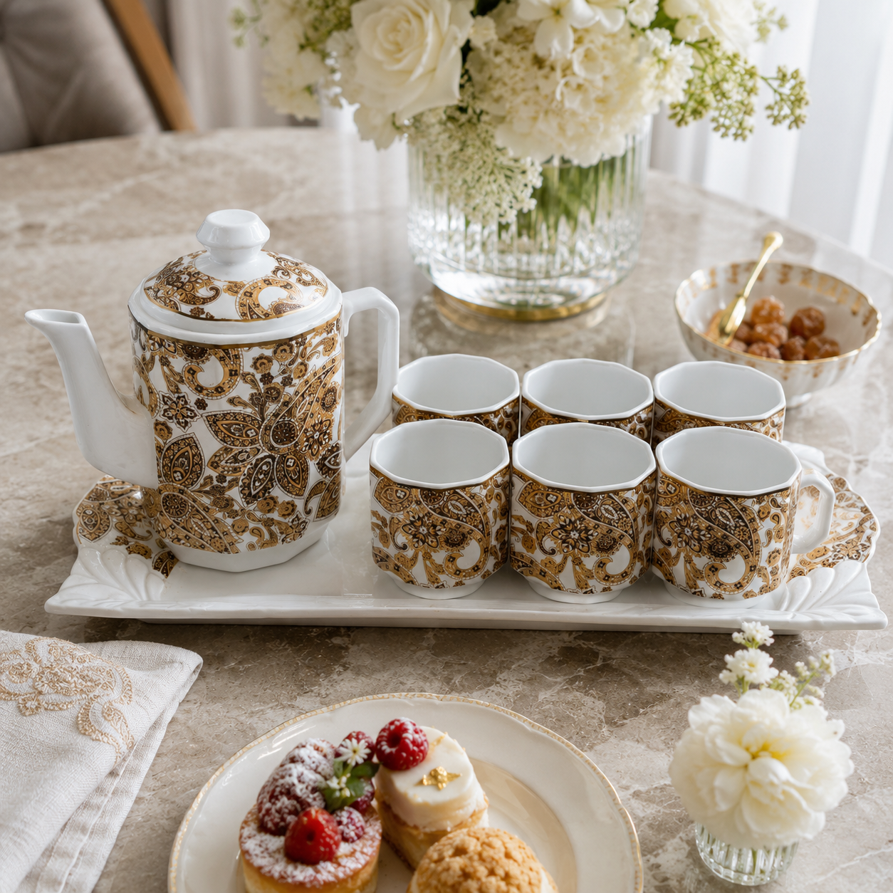 Luxury Royal Paisley Gold & Brown Ceramic Tea Set with Tray