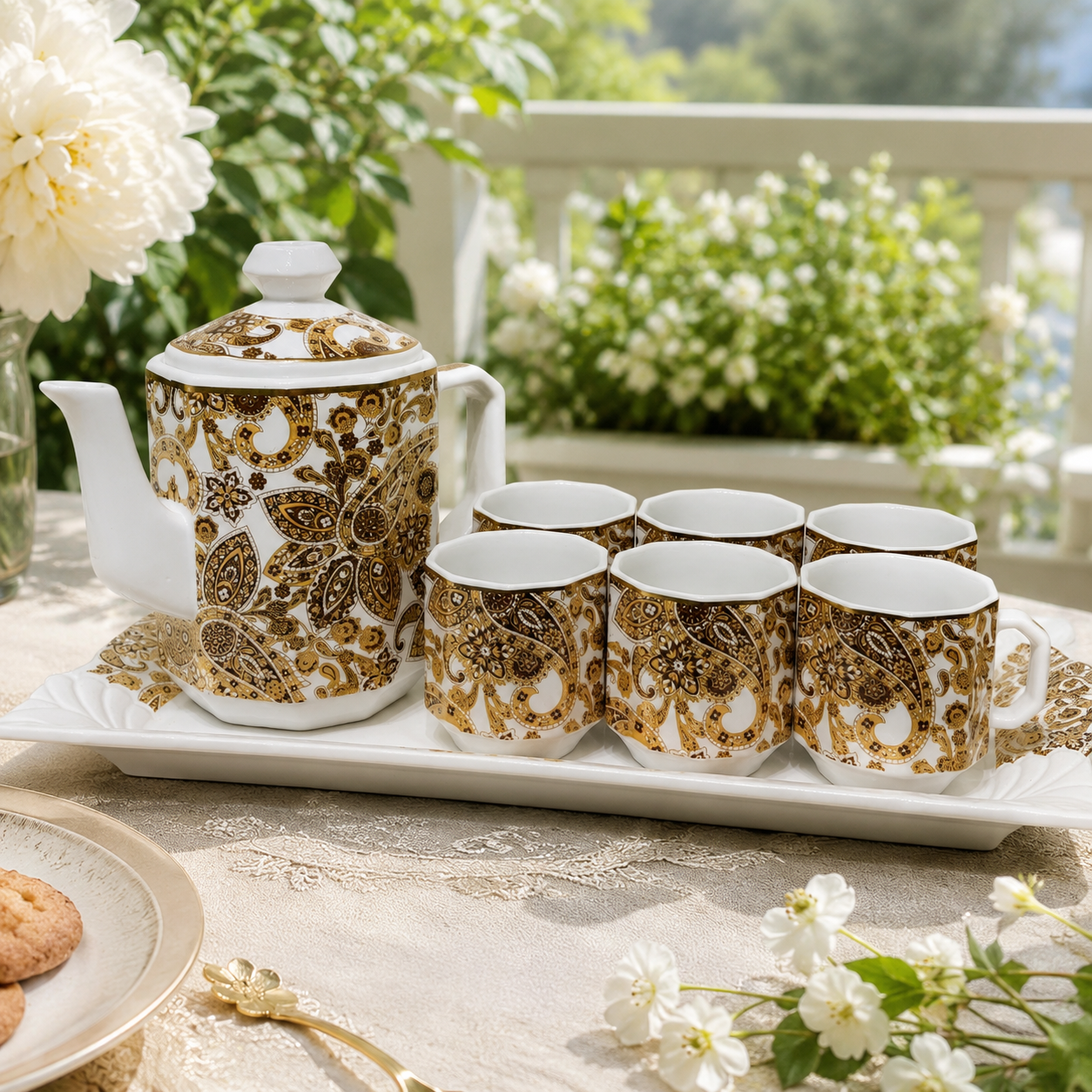 Luxury Royal Paisley Gold & Brown Ceramic Tea Set with Tray