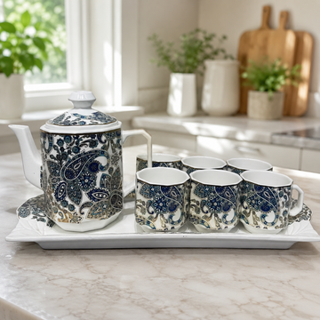 Luxury Royal Paisley Blue & Gold Ceramic Tea Set with Tray