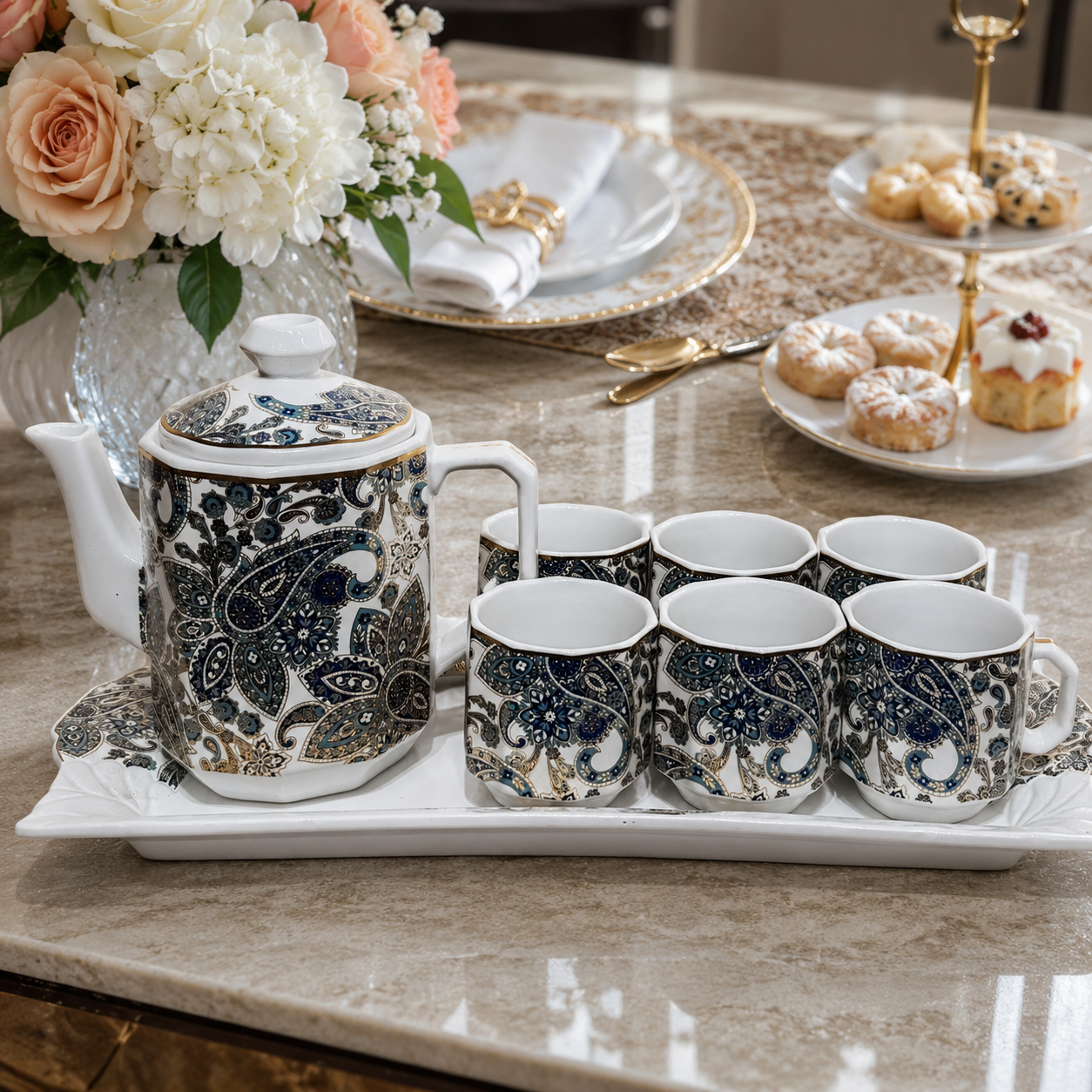 Luxury Royal Paisley Blue & Gold Ceramic Tea Set with Tray