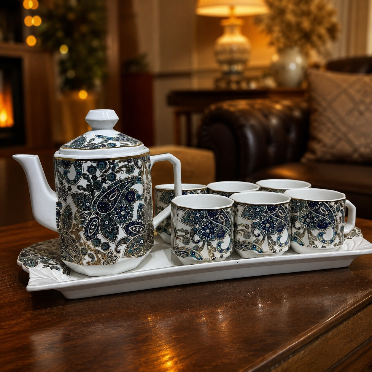 Luxury Royal Paisley Blue & Gold Ceramic Tea Set with Tray