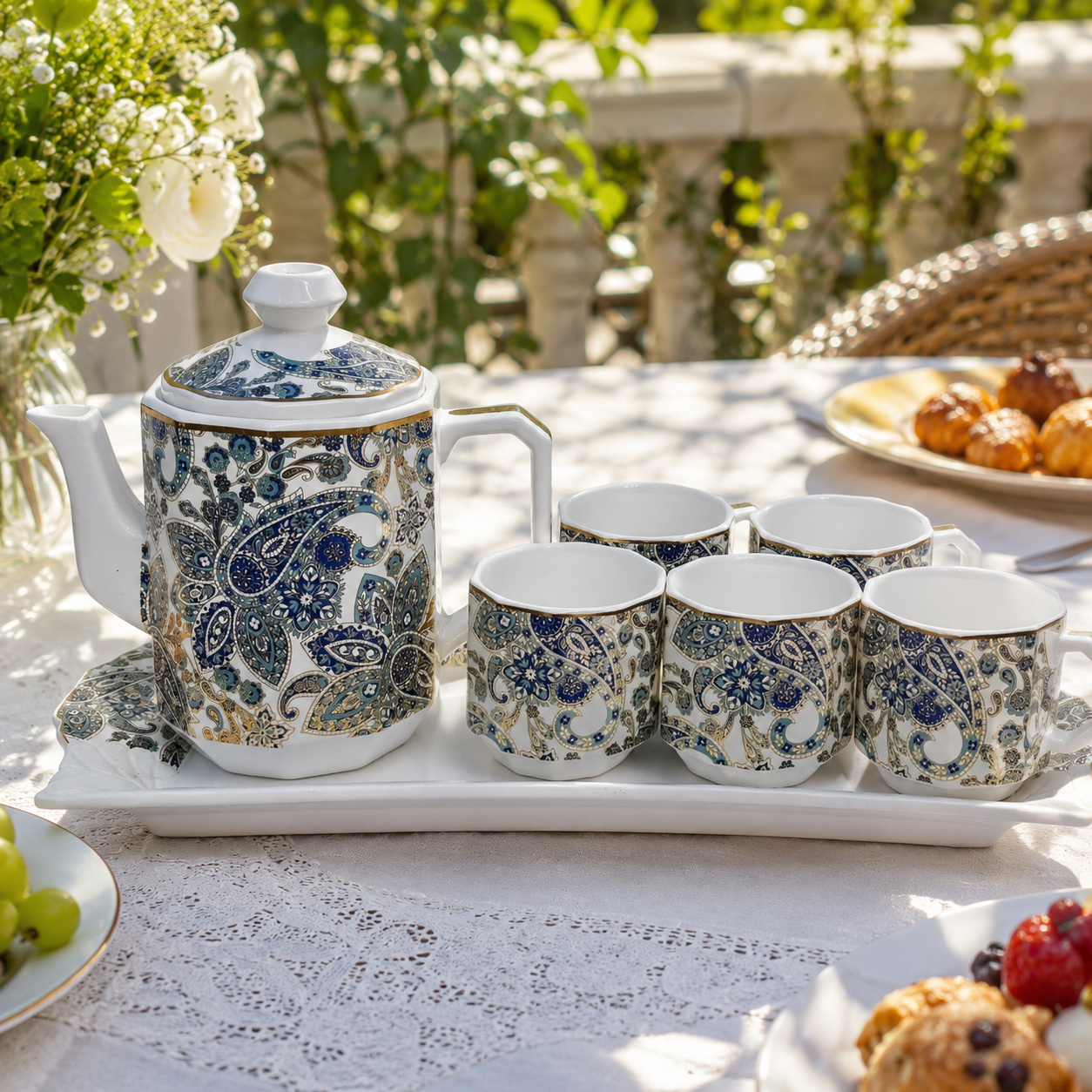 Luxury Royal Paisley Blue & Gold Ceramic Tea Set with Tray