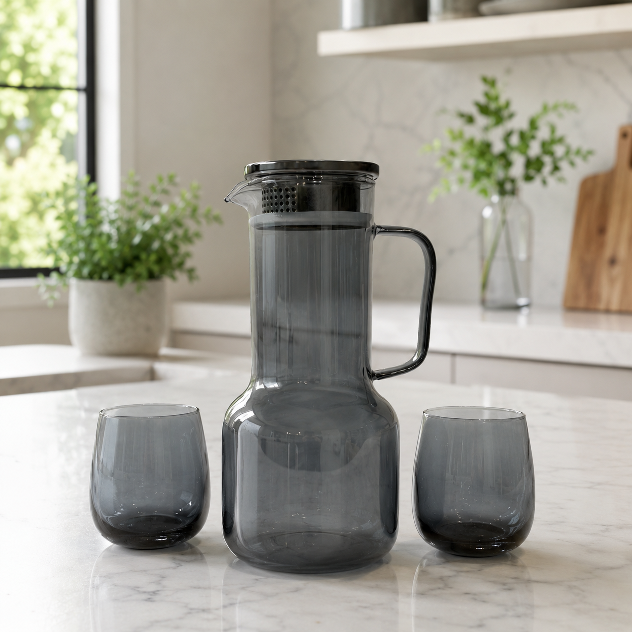 Premium 7-Piece Smoky Grey Glass Water Pitcher Set with Stainless Steel Lid