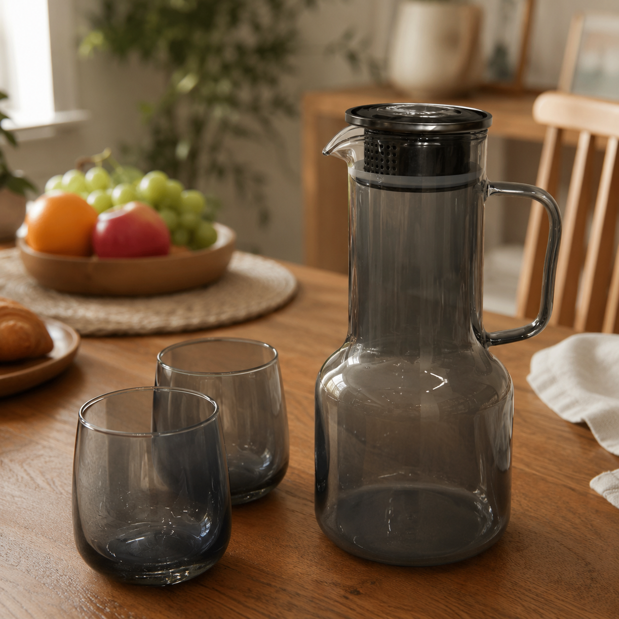 Premium 7-Piece Smoky Grey Glass Water Pitcher Set with Stainless Steel Lid