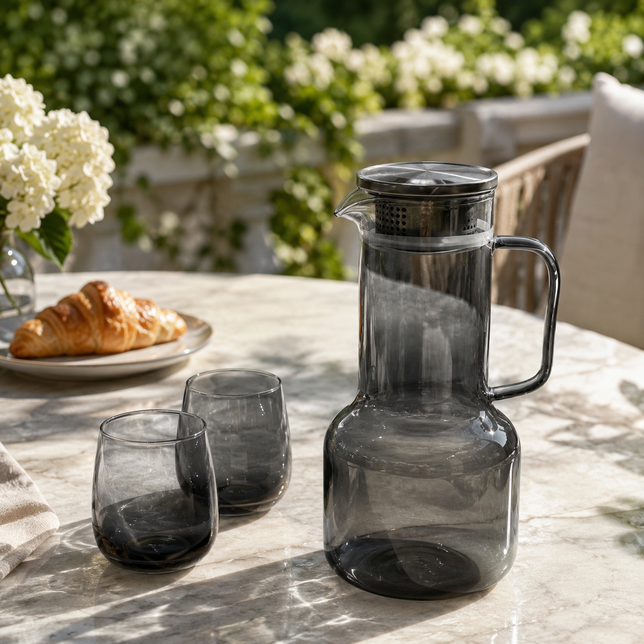Premium 7-Piece Smoky Grey Glass Water Pitcher Set with Stainless Steel Lid