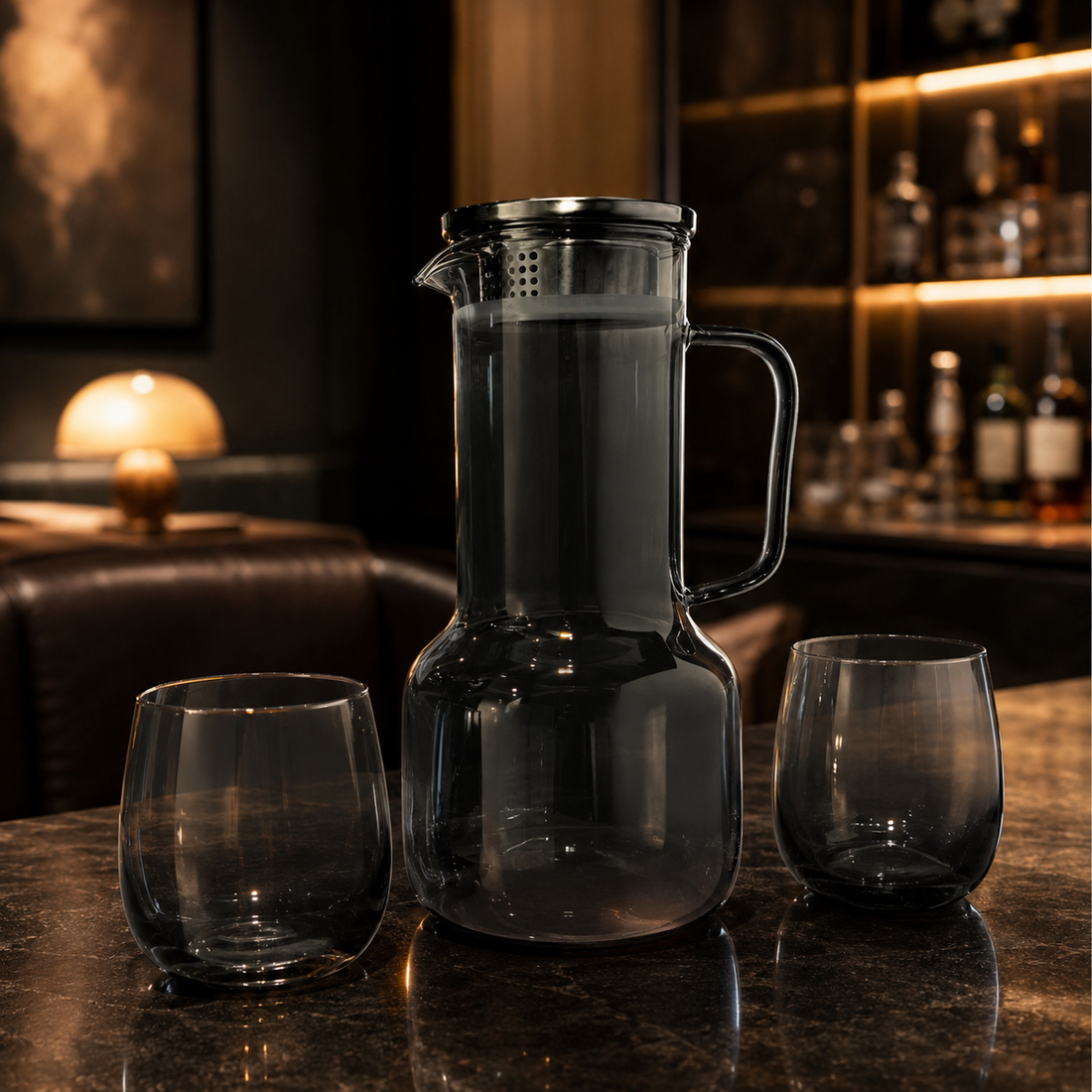 Premium 7-Piece Smoky Grey Glass Water Pitcher Set with Stainless Steel Lid