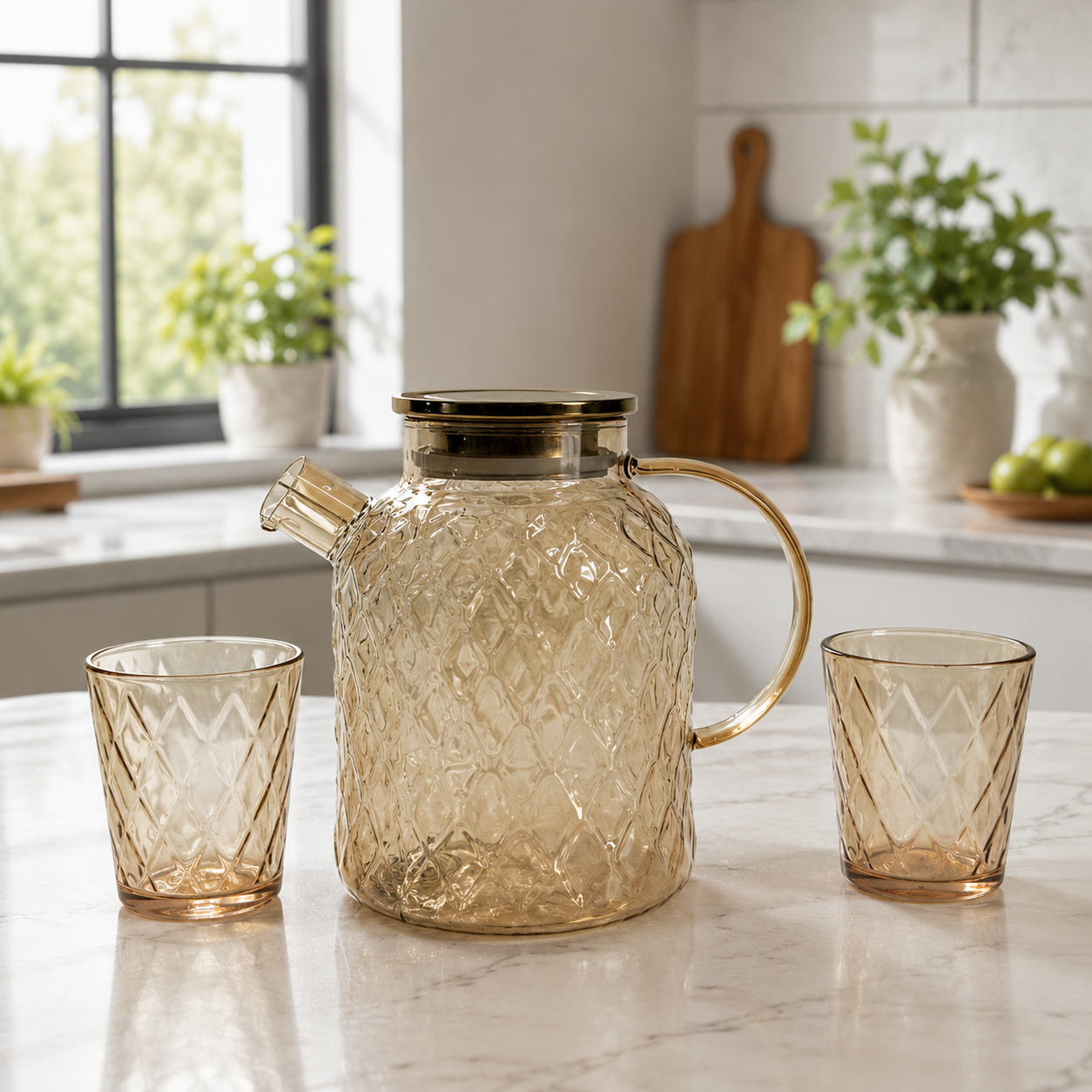 5-Pcs Luxury Pineapple Texture Glass Pitcher with Gold Lid