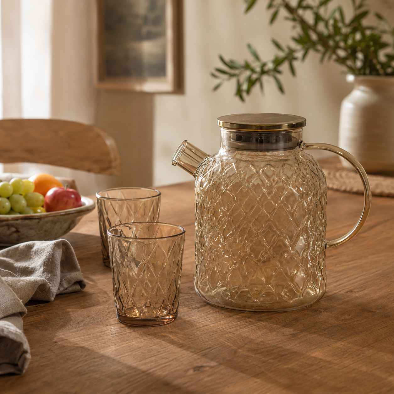 5-Pcs Luxury Pineapple Texture Glass Pitcher with Gold Lid