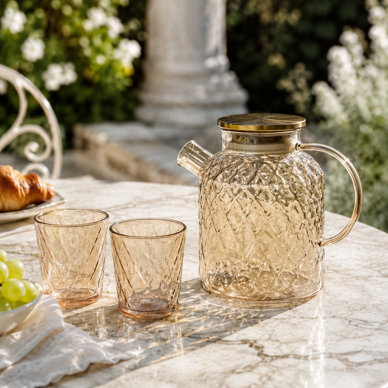 5-Pcs Luxury Pineapple Texture Glass Pitcher with Gold Lid