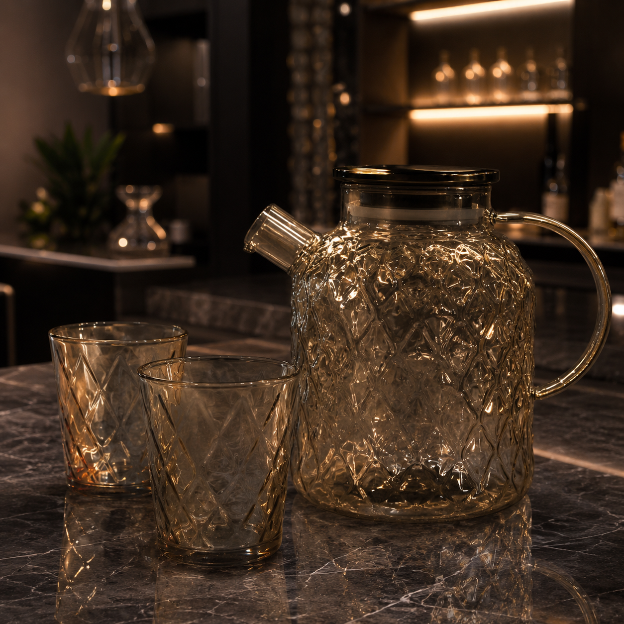 5-Pcs Luxury Pineapple Texture Glass Pitcher with Gold Lid