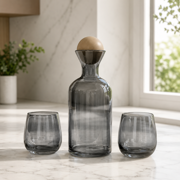 Premium 7-Piece Smoky Grey Glass Water Set with Wooden Ball Stopper