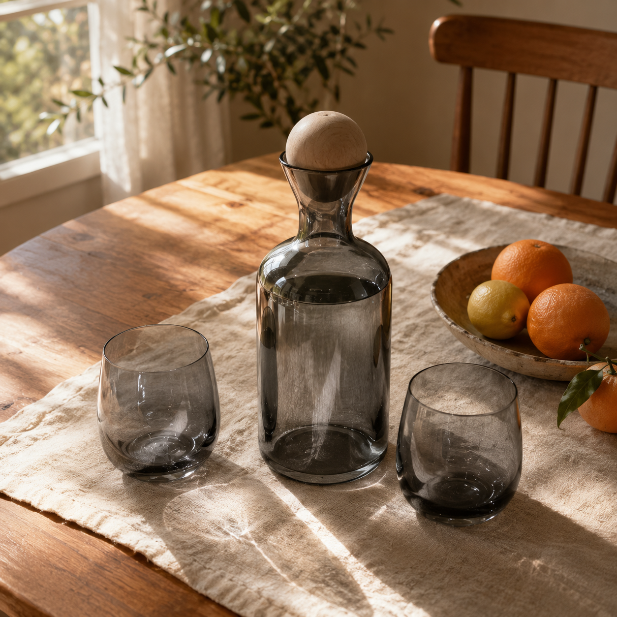 Premium 7-Piece Smoky Grey Glass Water Set with Wooden Ball Stopper