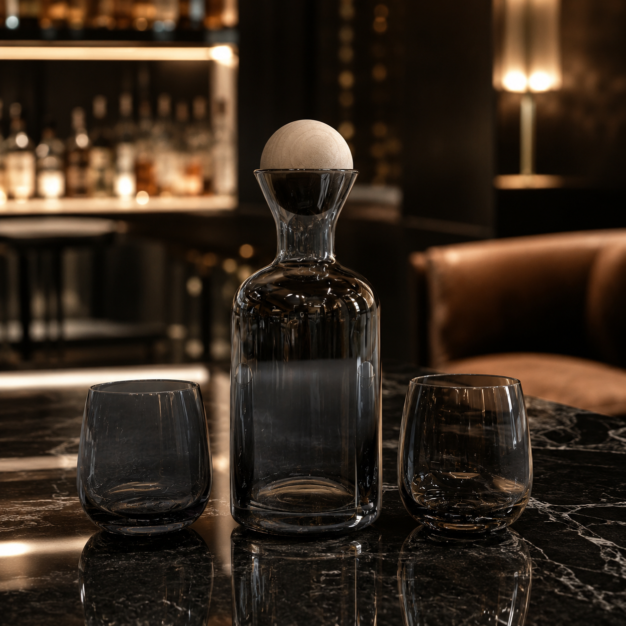 Premium 7-Piece Smoky Grey Glass Water Set with Wooden Ball Stopper