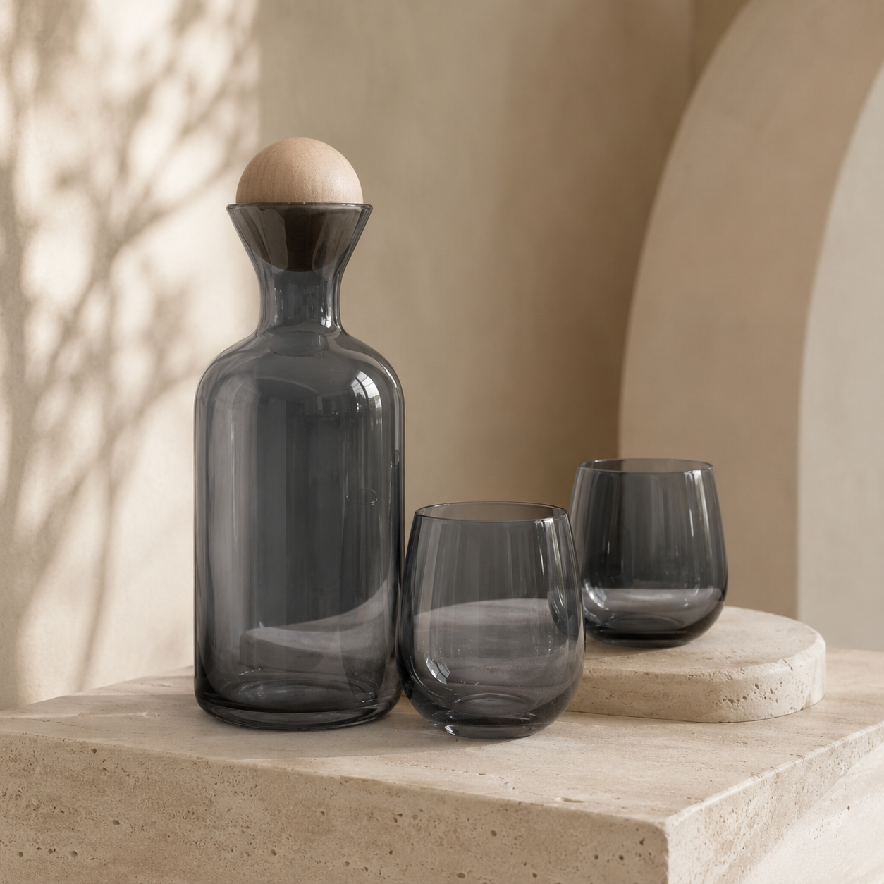 Premium 7-Piece Smoky Grey Glass Water Set with Wooden Ball Stopper