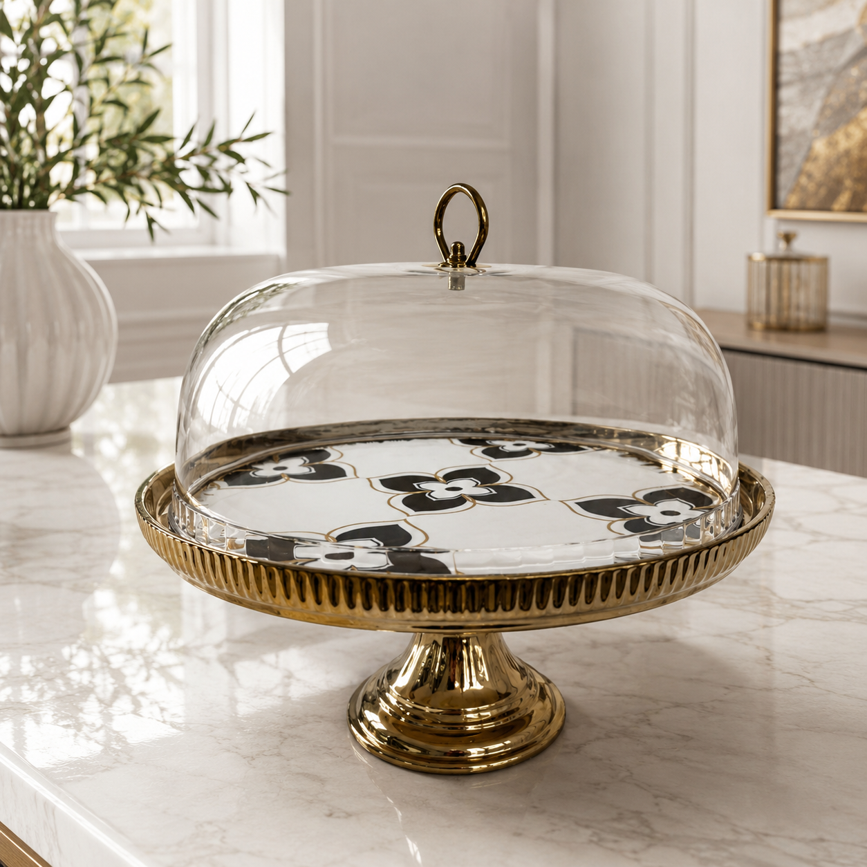 Luxury Geometric Clover White & Gold Ceramic Cake Stand with Dome Cover