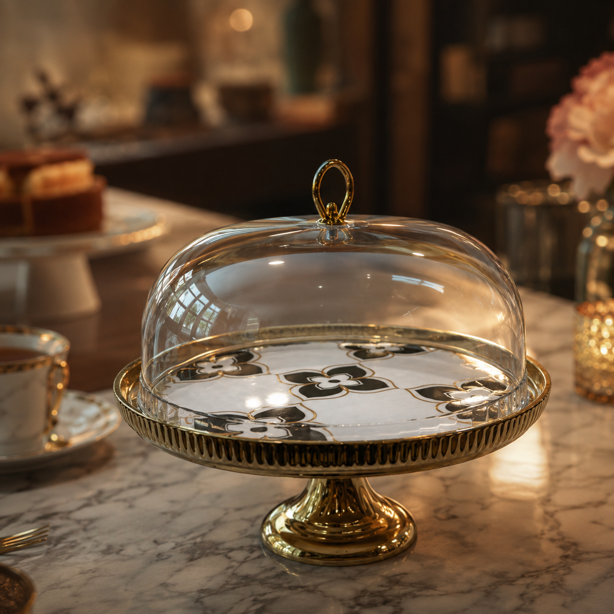 Luxury Geometric Clover White & Gold Ceramic Cake Stand with Dome Cover