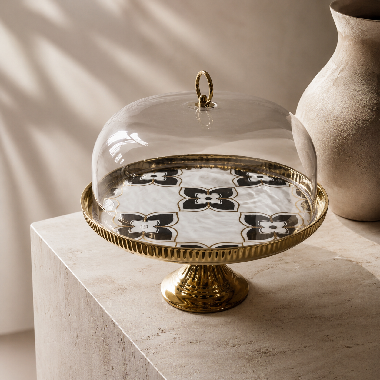 Luxury Geometric Clover White & Gold Ceramic Cake Stand with Dome Cover