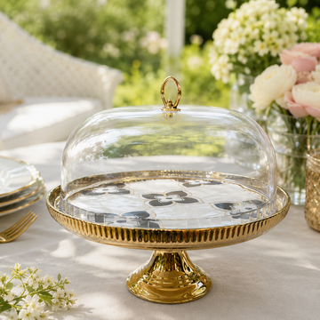 Luxury Geometric Clover White & Gold Ceramic Cake Stand with Dome Cover