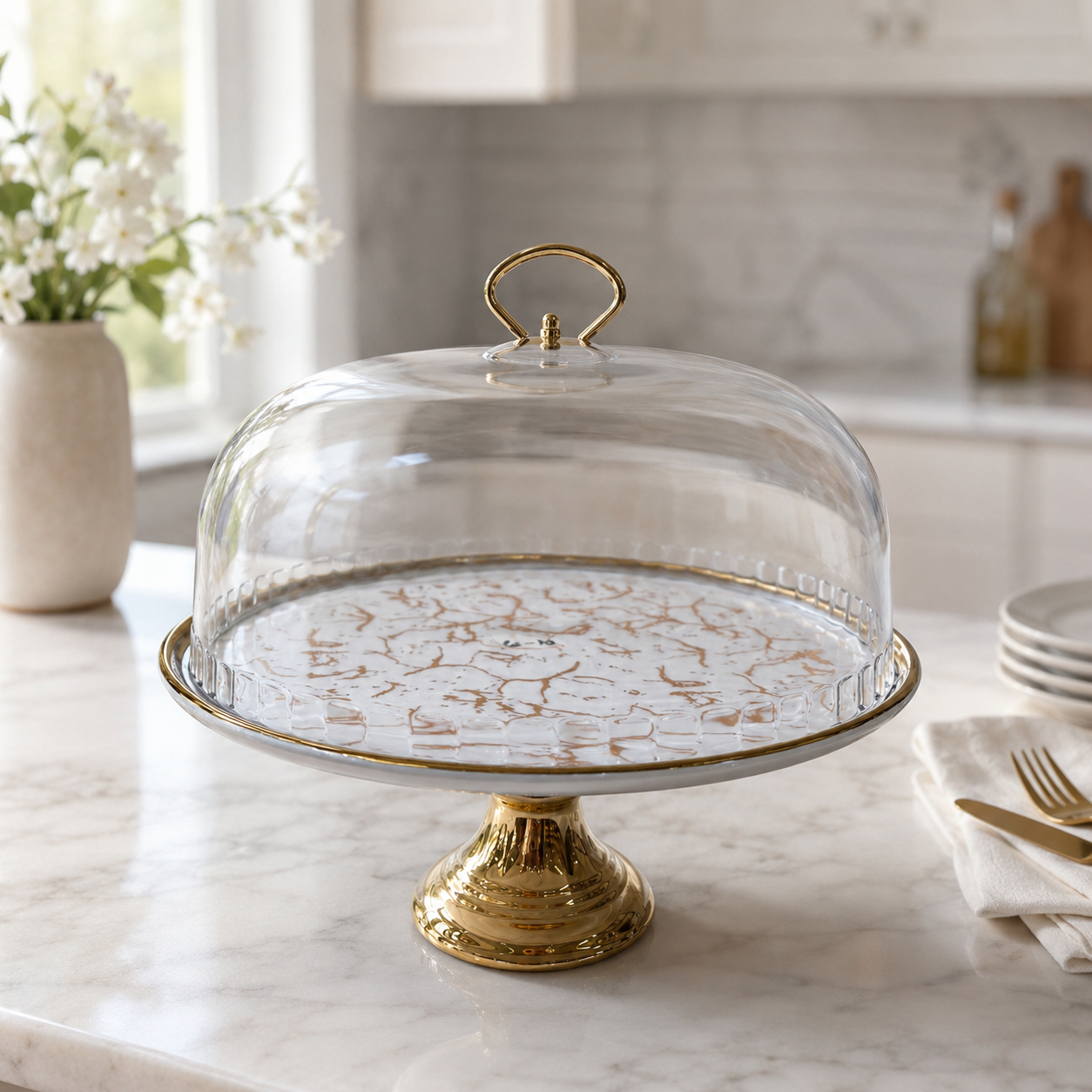 Luxury White & Gold Marble Ceramic Cake Stand with Dome Cover