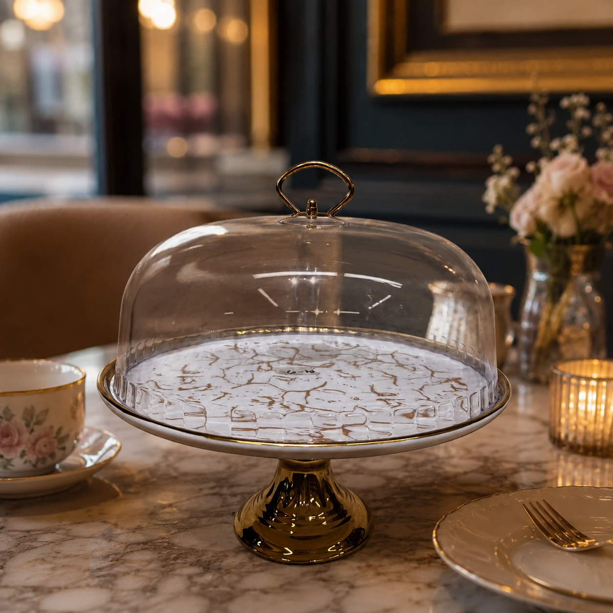 Luxury White & Gold Marble Ceramic Cake Stand with Dome Cover