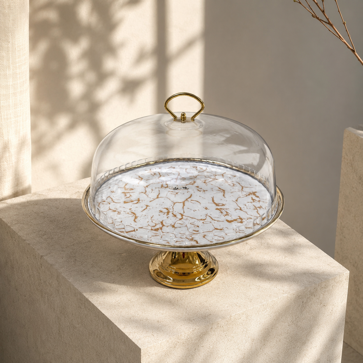 Luxury White & Gold Marble Ceramic Cake Stand with Dome Cover