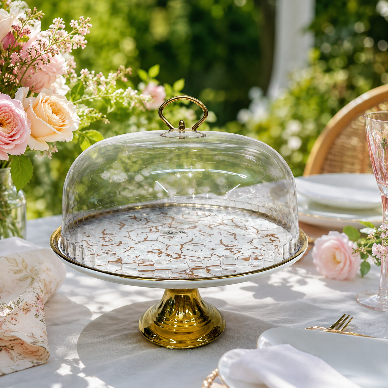 Luxury White & Gold Marble Ceramic Cake Stand with Dome Cover