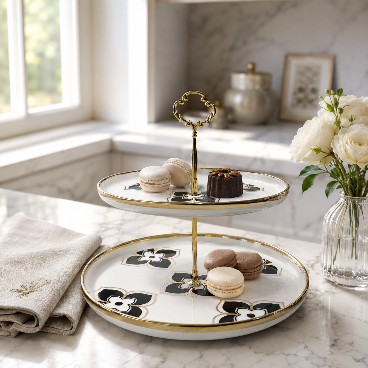 Luxury 2-Tier Black & Gold Geometric Ceramic Dessert Stand