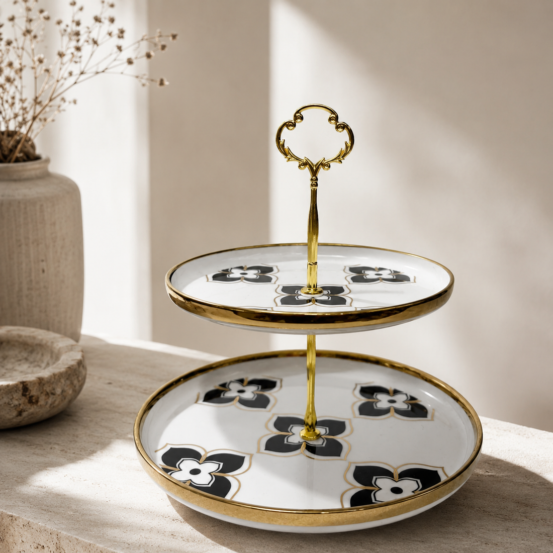 Luxury 2-Tier Black & Gold Geometric Ceramic Dessert Stand