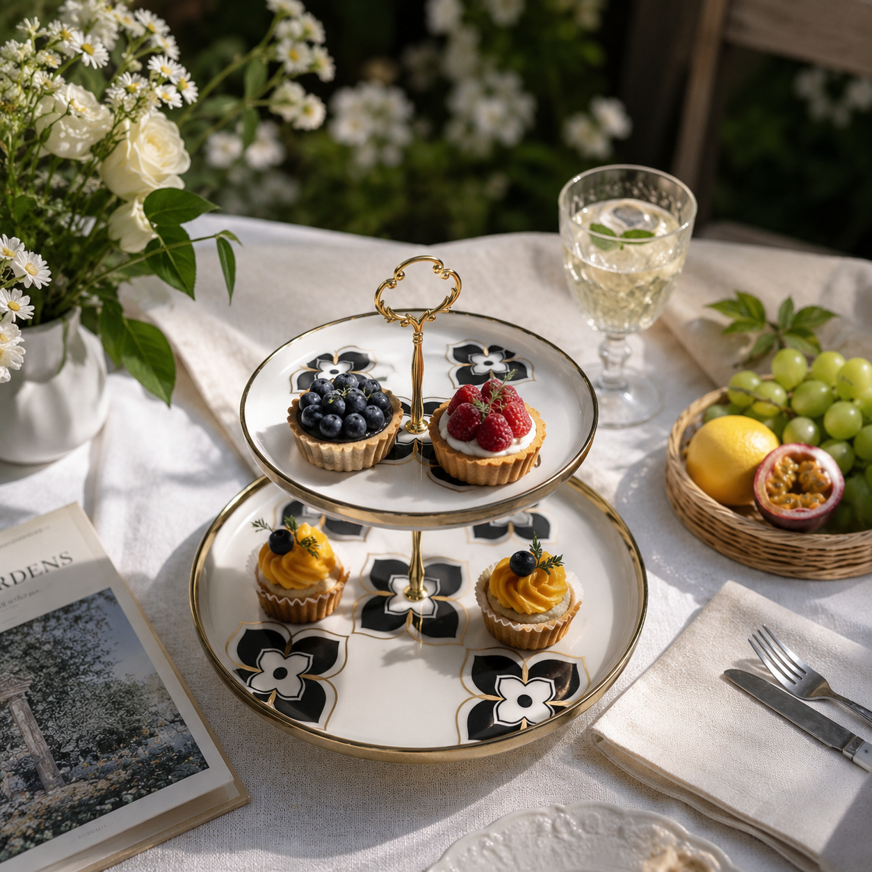 Luxury 2-Tier Black & Gold Geometric Ceramic Dessert Stand