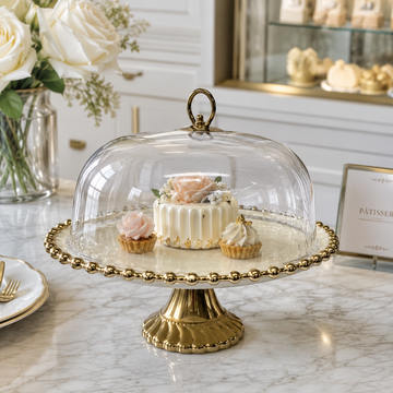 Luxury Ornate Gold Beaded Ceramic Cake Stand with Glass Dome