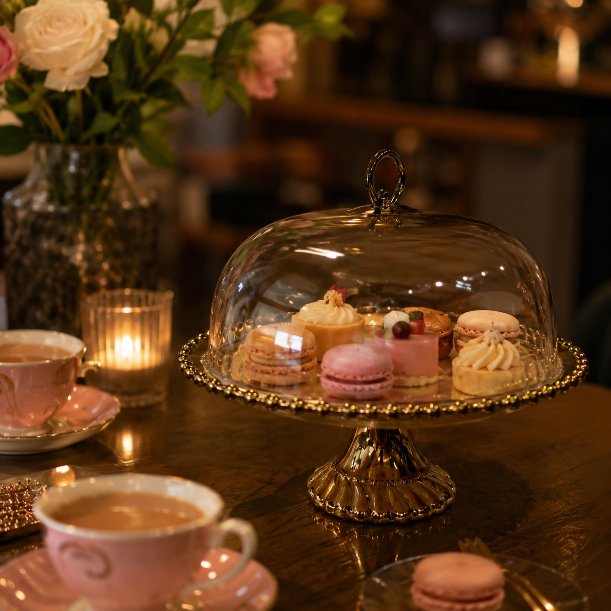 Luxury Ornate Gold Beaded Ceramic Cake Stand with Glass Dome