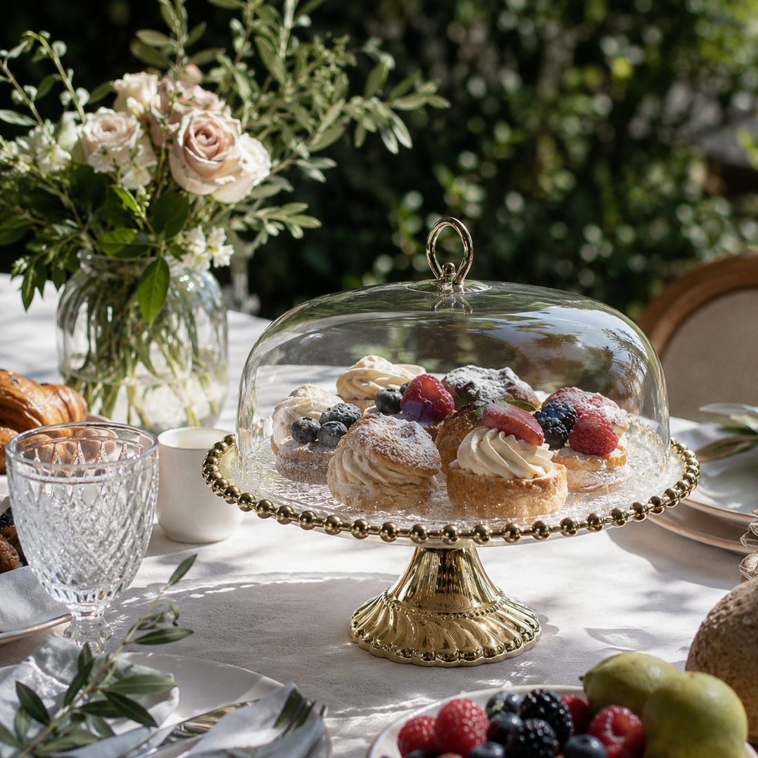 Luxury Ornate Gold Beaded Ceramic Cake Stand with Glass Dome