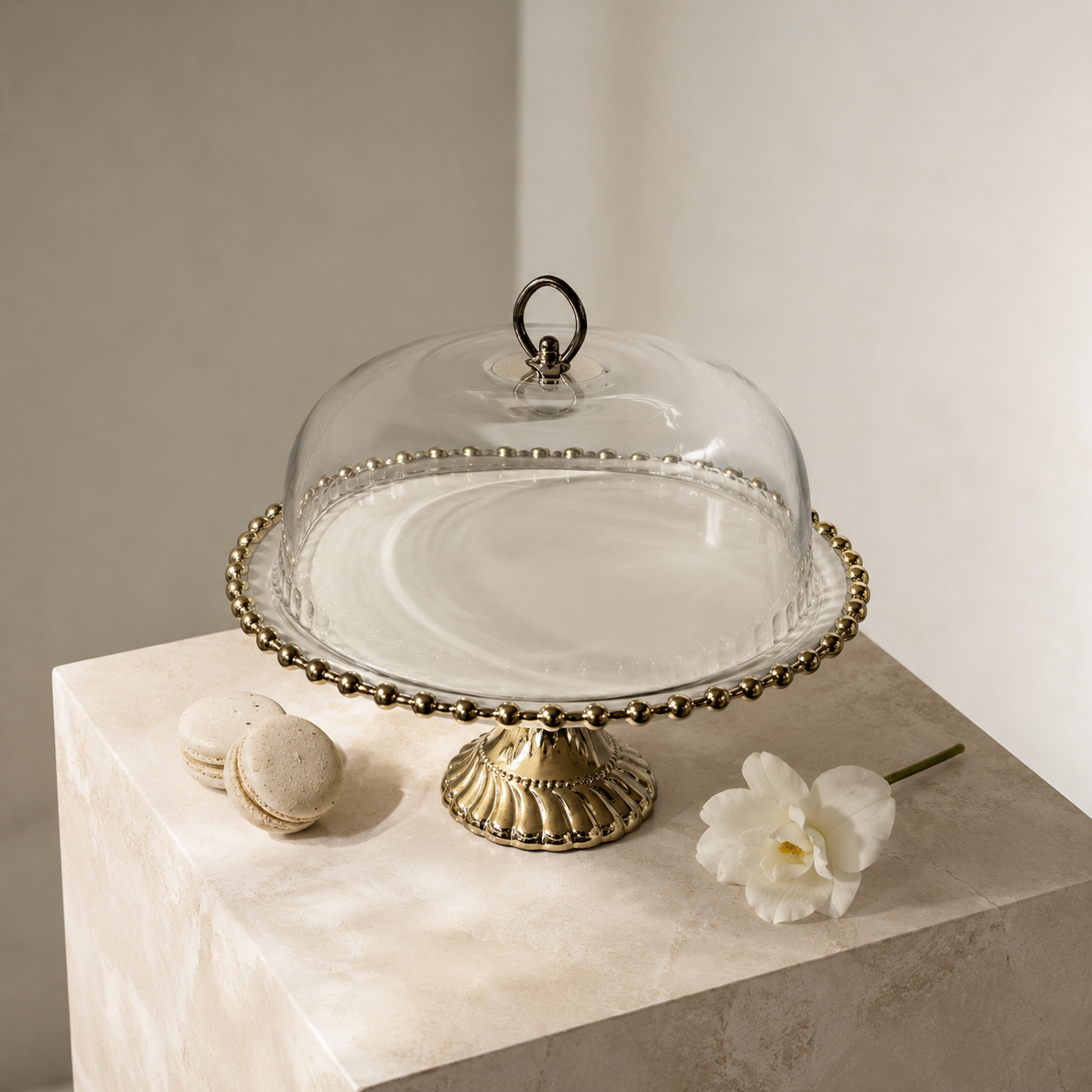 Luxury Ornate Gold Beaded Ceramic Cake Stand with Glass Dome