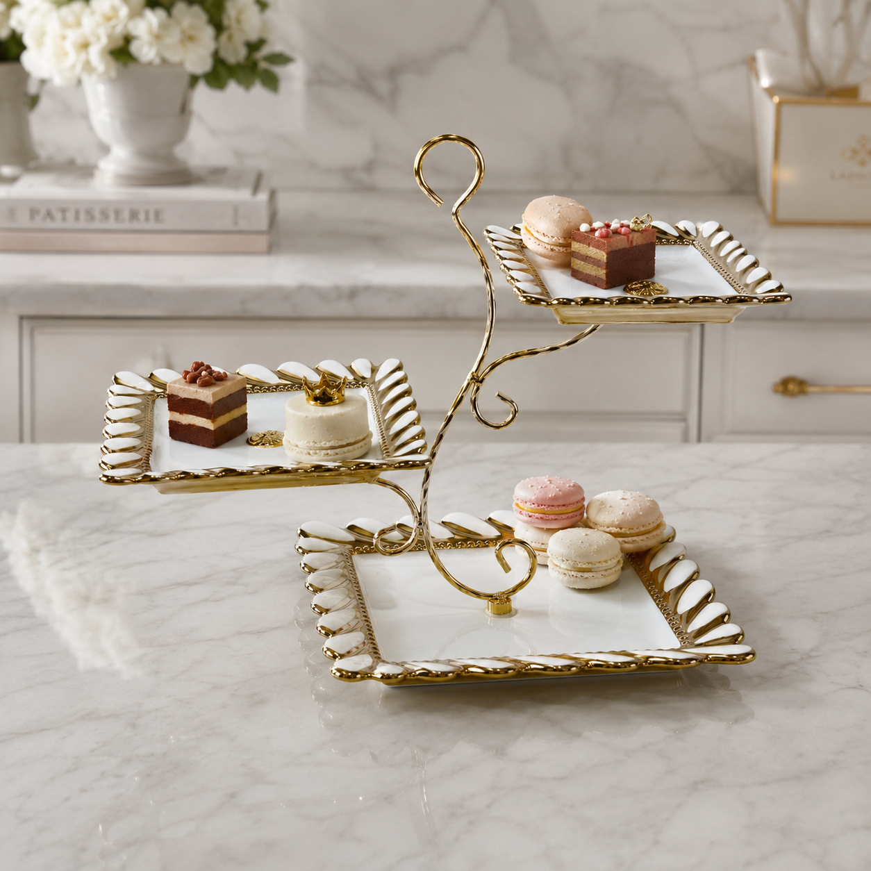 3-Layer Square Cupcake & Dessert Tower with Scalloped Rim