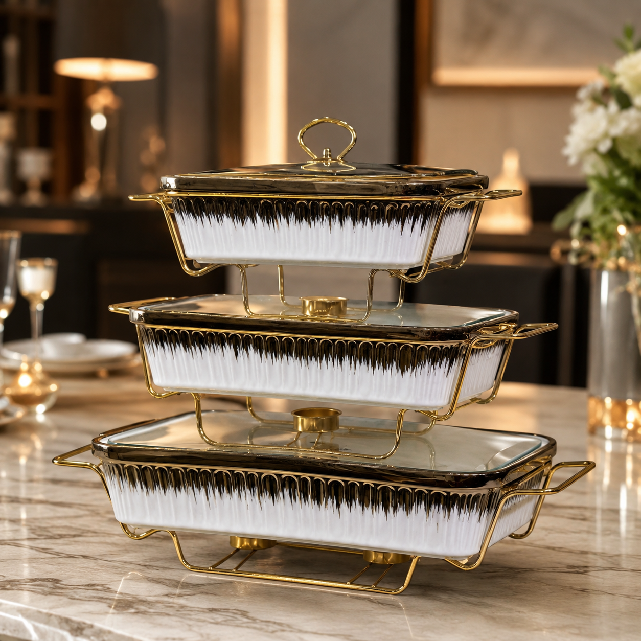3-Pcs Nested Textured Ceramic Buffet Warmer Set