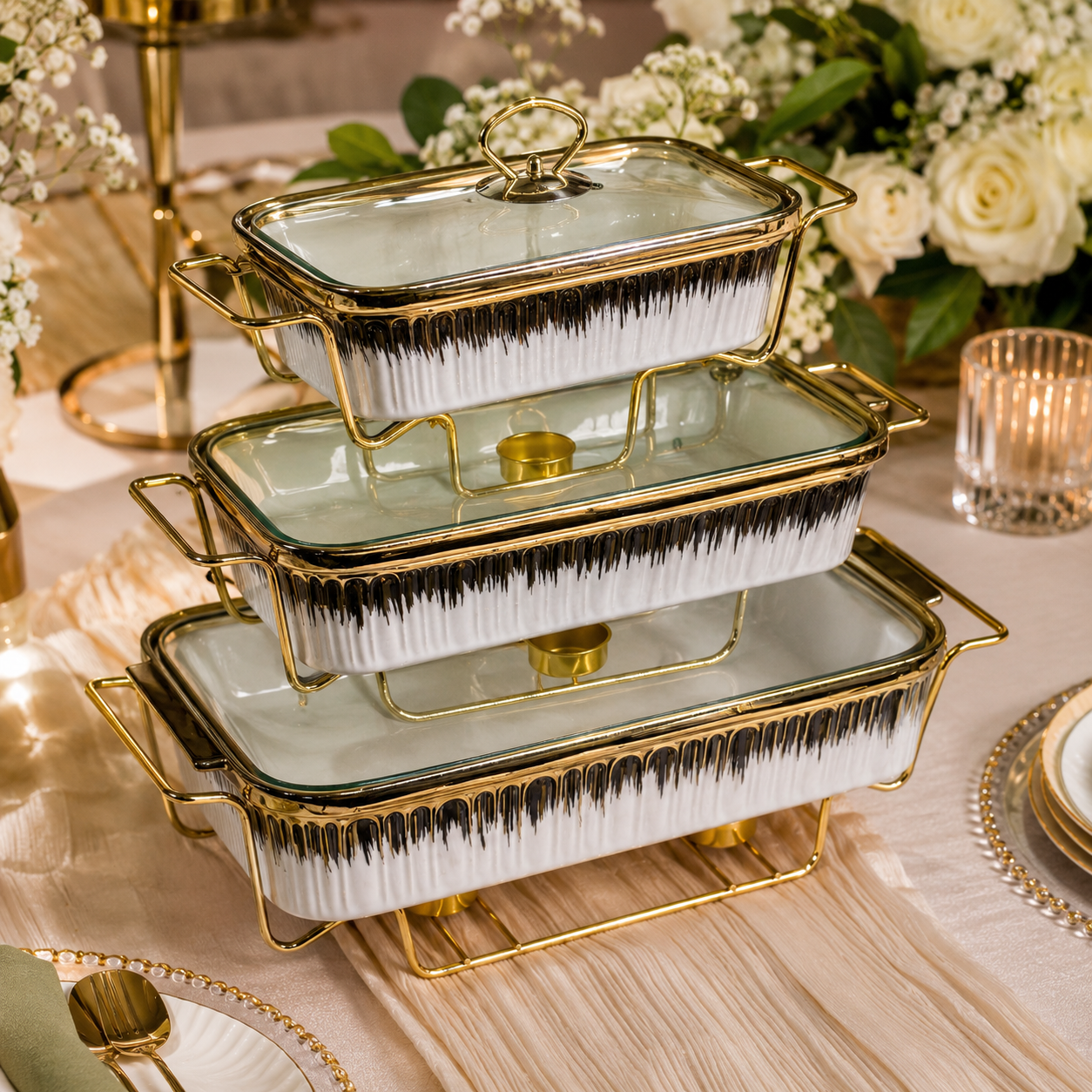 3-Pcs Nested Textured Ceramic Buffet Warmer Set
