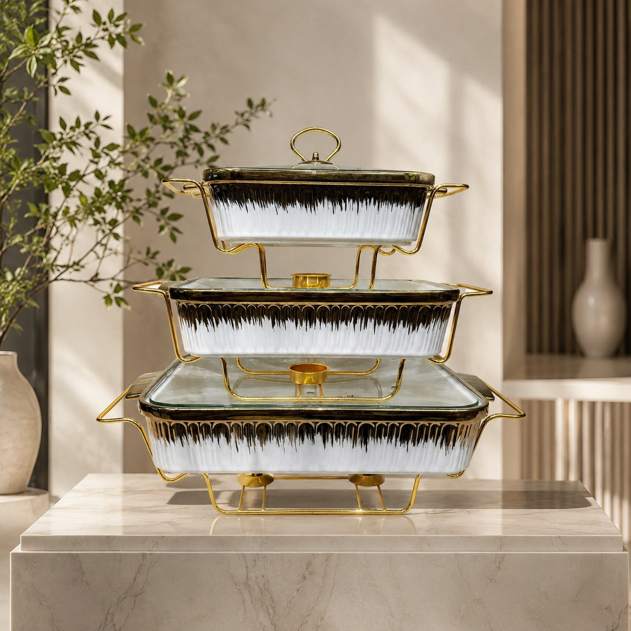 3-Pcs Nested Textured Ceramic Buffet Warmer Set