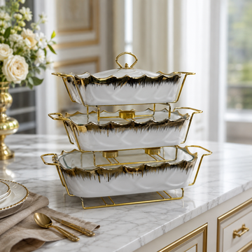 Luxury 3-Piece Scalloped Edge White & Gold Ceramic Buffet Warmer Set