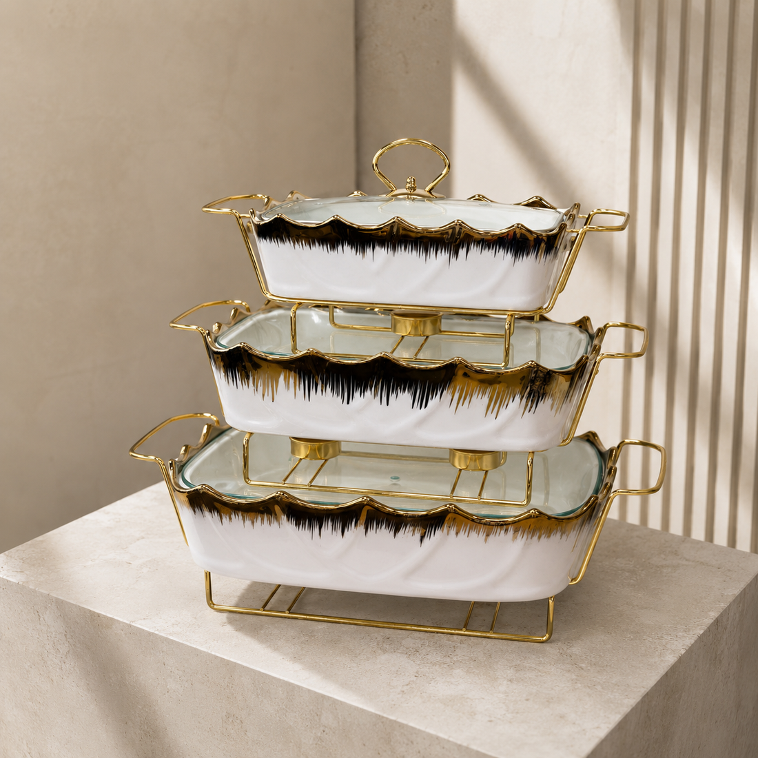 Luxury 3-Piece Scalloped Edge White & Gold Ceramic Buffet Warmer Set