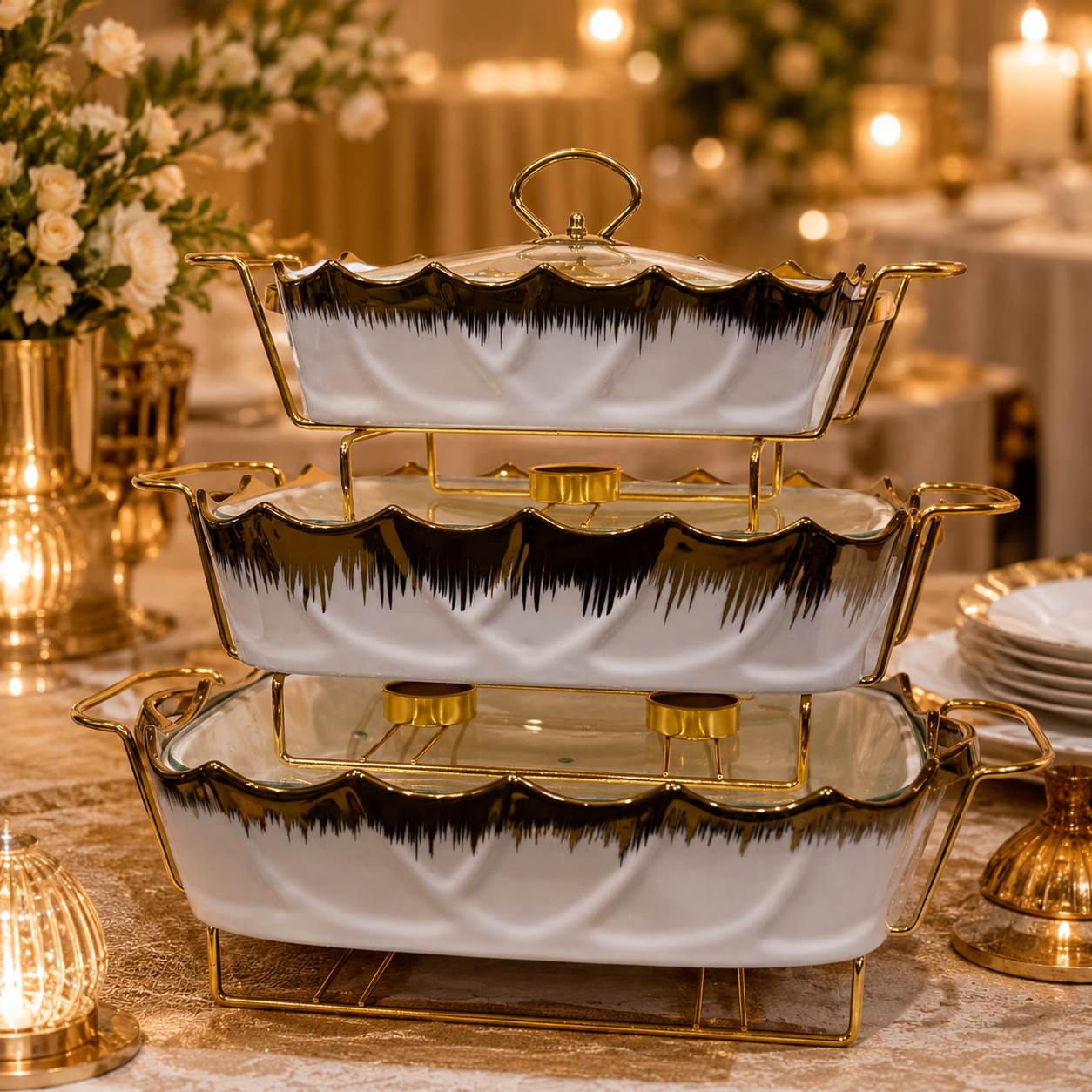 Luxury 3-Piece Scalloped Edge White & Gold Ceramic Buffet Warmer Set