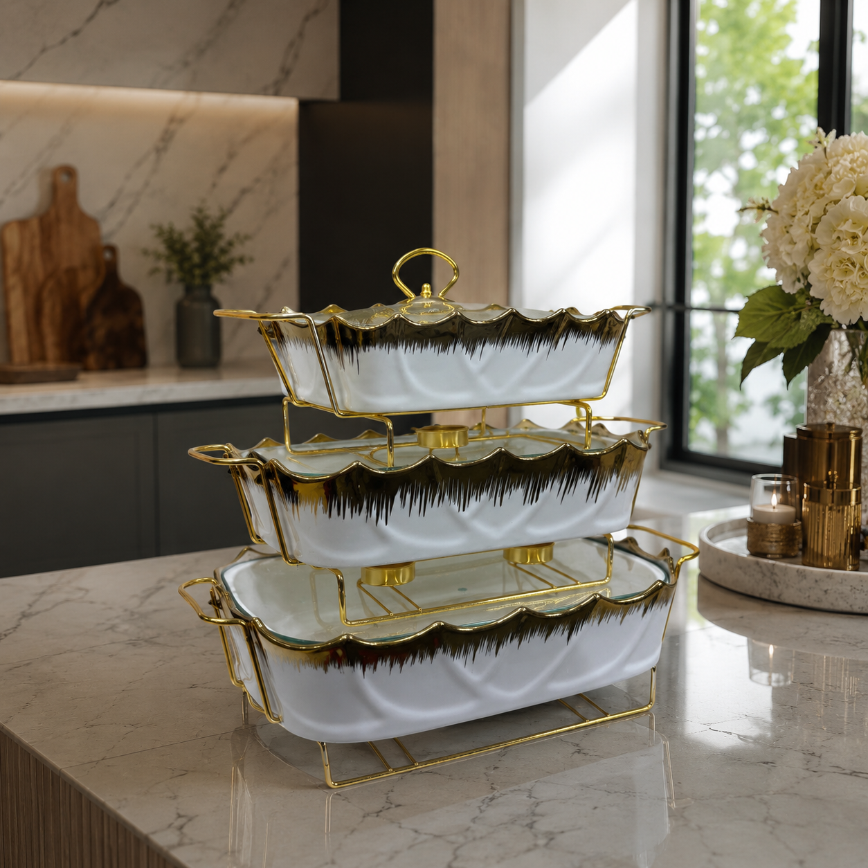 Luxury 3-Piece Scalloped Edge White & Gold Ceramic Buffet Warmer Set