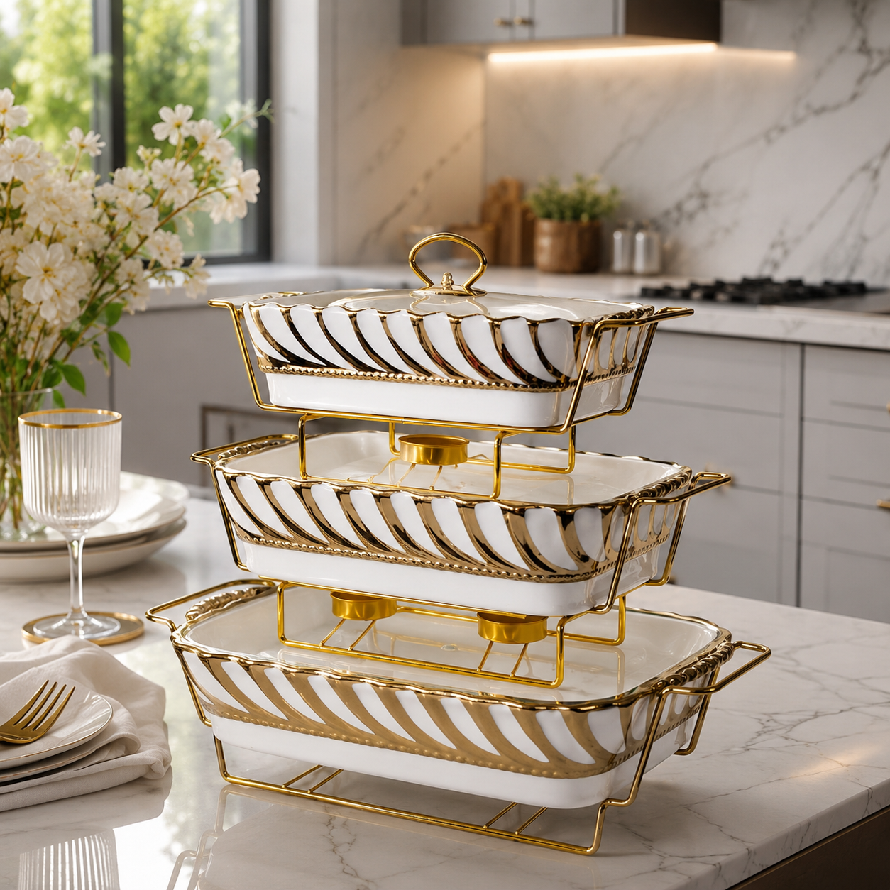 Luxury 3-Piece Geometric Gold & White Ceramic Buffet Warmer Set