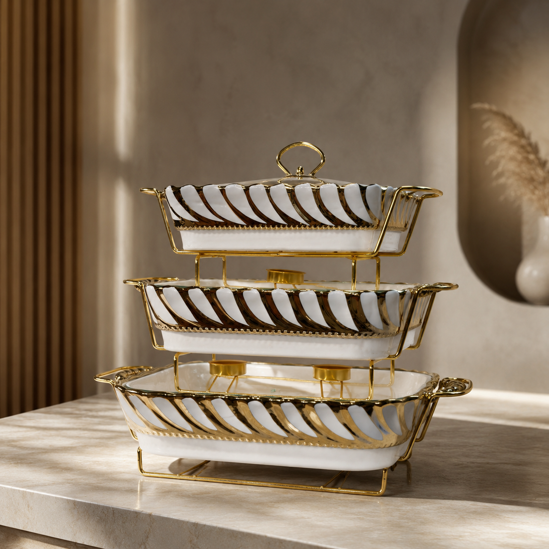 Luxury 3-Piece Geometric Gold & White Ceramic Buffet Warmer Set