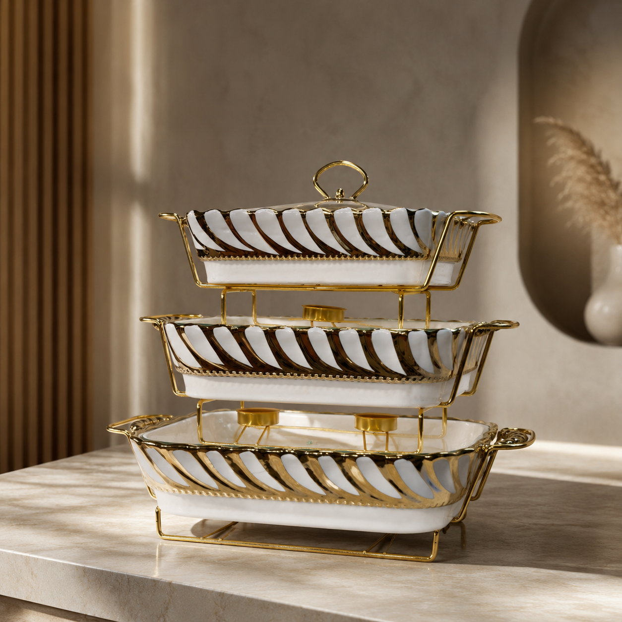 Luxury 3-Piece Geometric Gold & White Ceramic Buffet Warmer Set