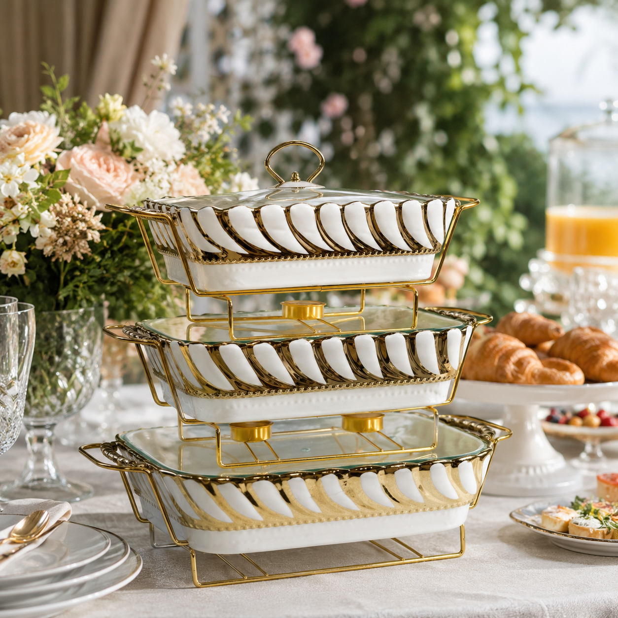 Luxury 3-Piece Geometric Gold & White Ceramic Buffet Warmer Set
